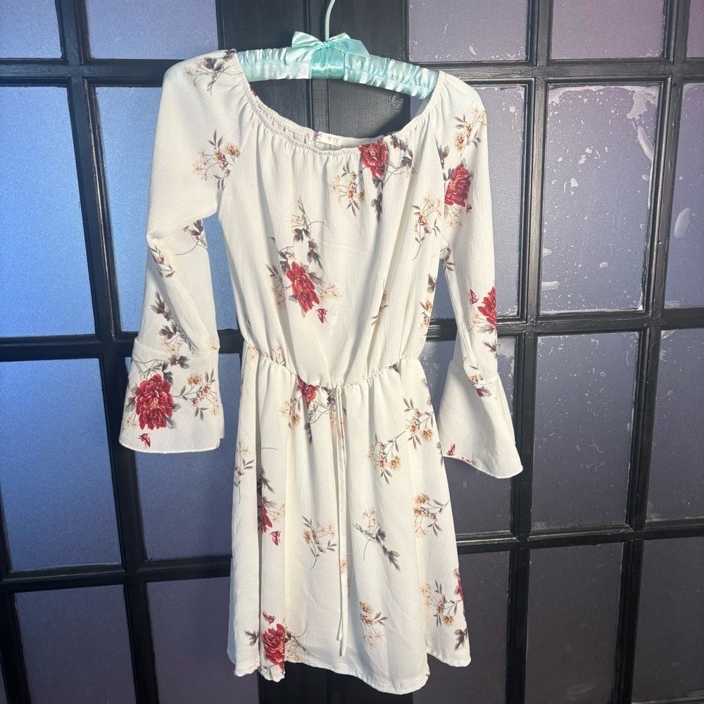 Romwe Cottagecore Off Shoulder Floral Dress Peasant Boho Mini Ivory M